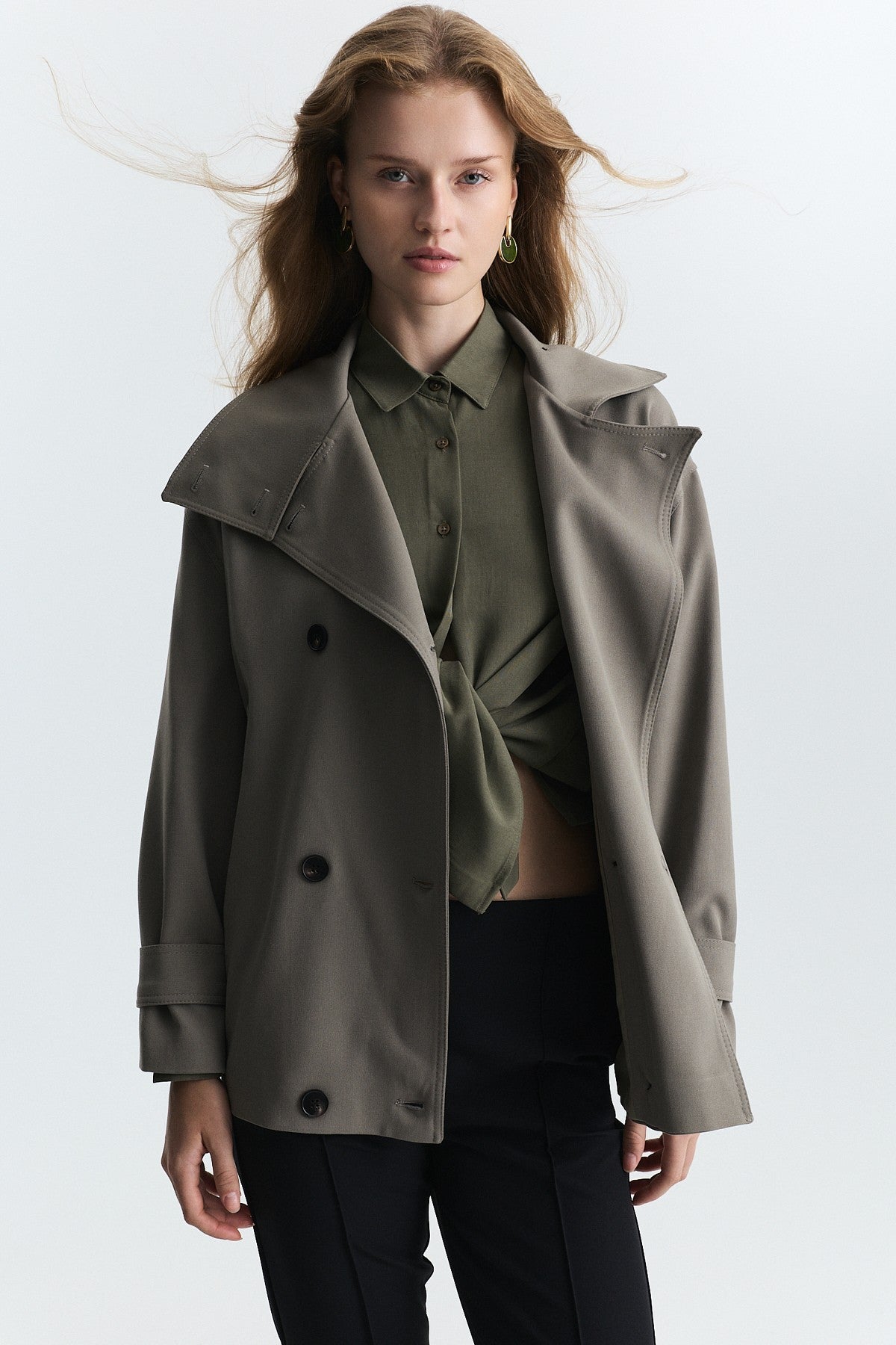 Stand-Up Collar Double-Breasted Belted Trench Coat