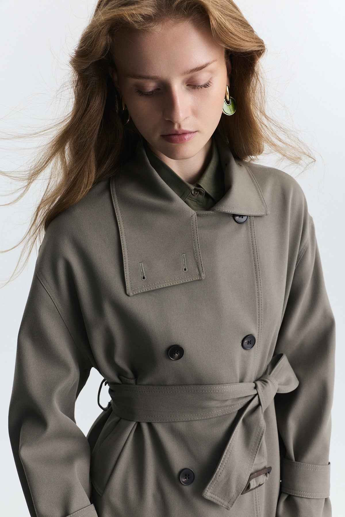 Stand-Up Collar Double-Breasted Belted Trench Coat