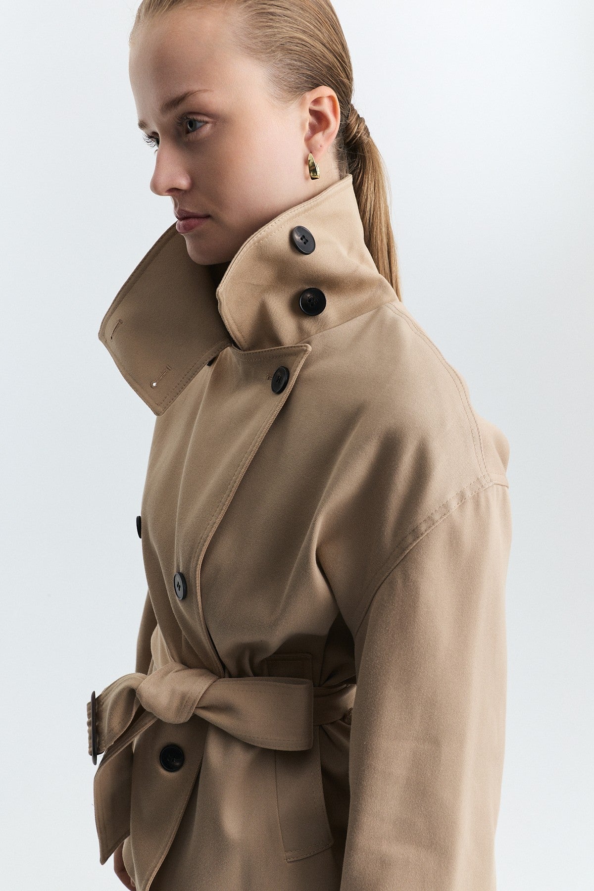 Stand-Up Collar Double-Breasted Belted Trench Coat