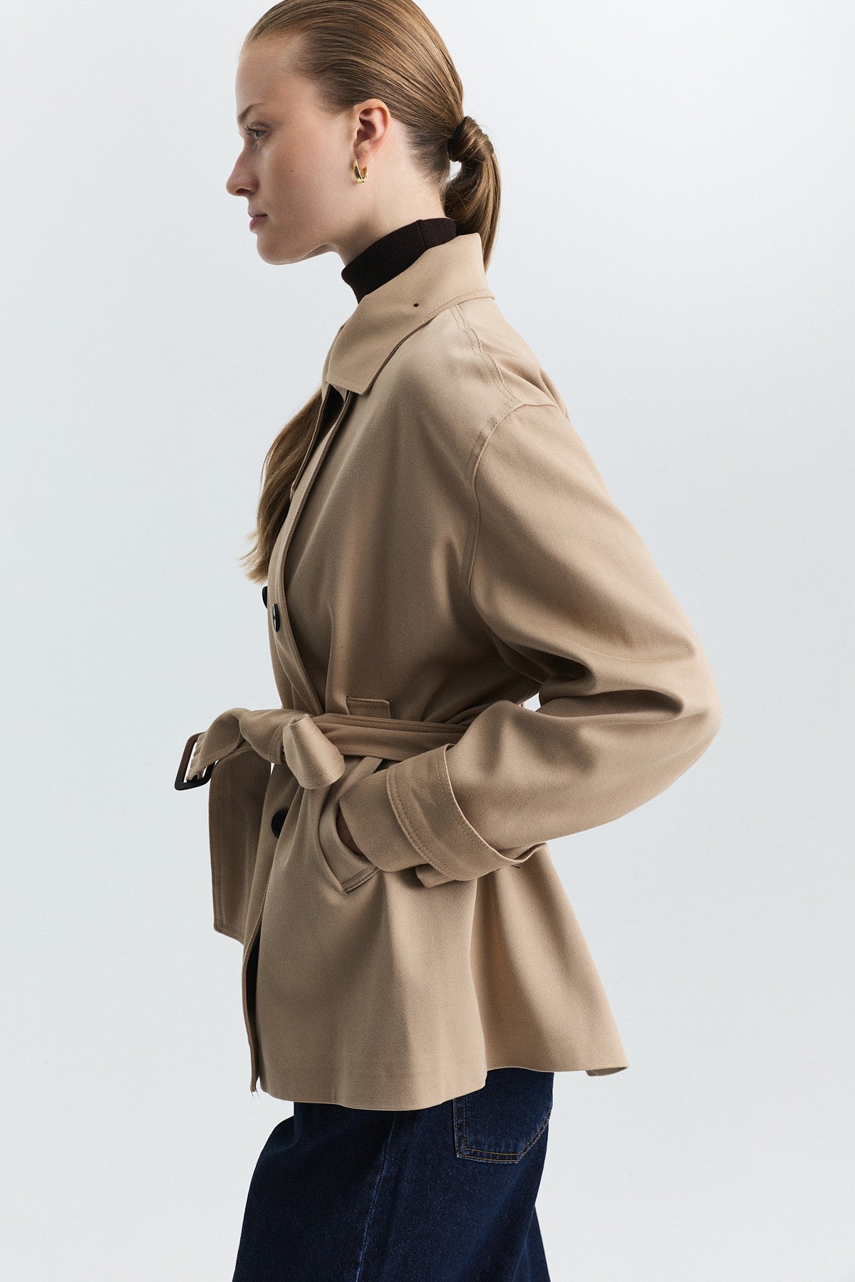 Stand-Up Collar Double-Breasted Belted Trench Coat