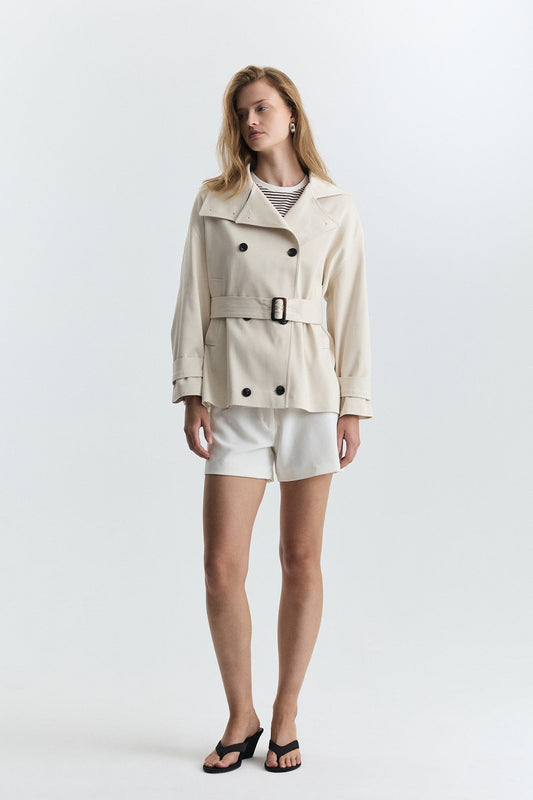 Stand-Up Collar Double-Breasted Belted Trench Coat
