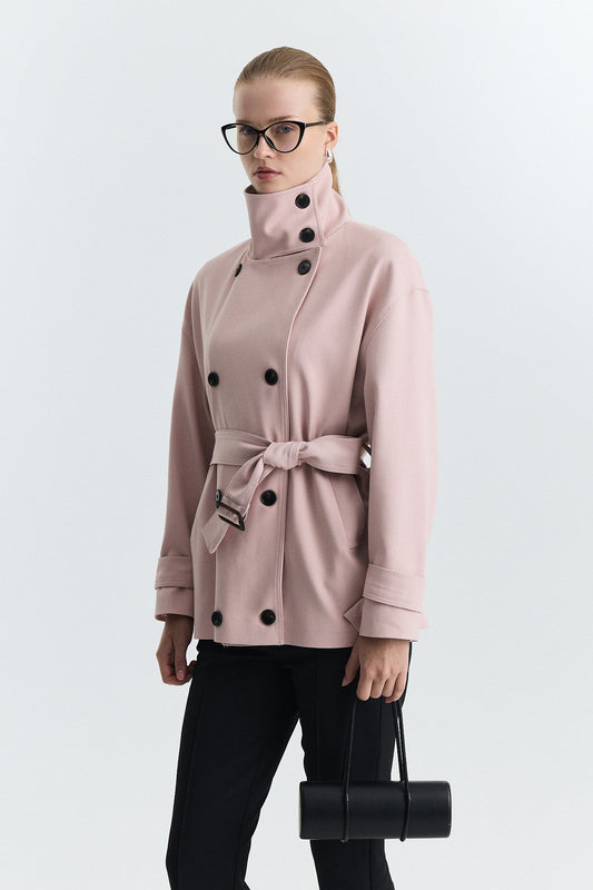 Stand-Up Collar Double-Breasted Belted Trench Coat