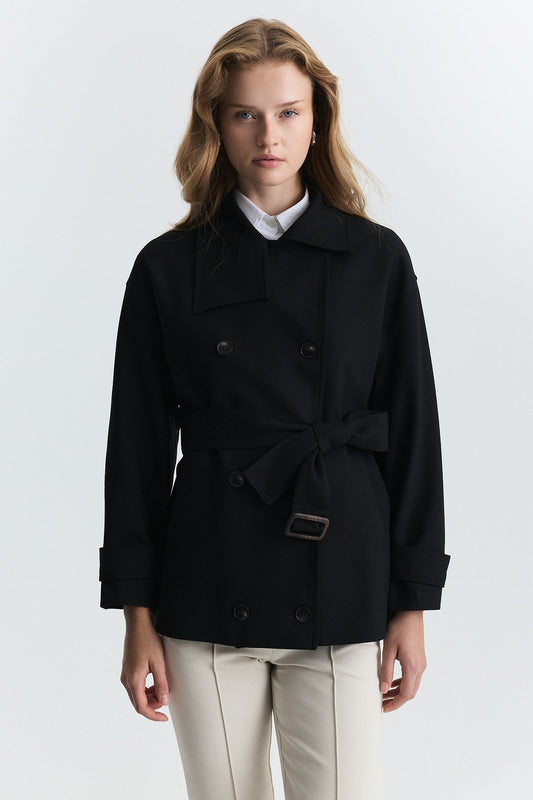 Stand-Up Collar Double-Breasted Belted Trench Coat