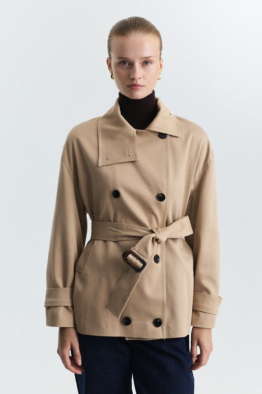 Stand-Up Collar Double-Breasted Belted Trench Coat