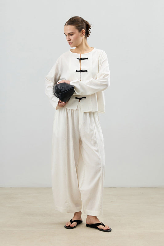 Women's Suit with Embellished Buttons in a Linen Blend