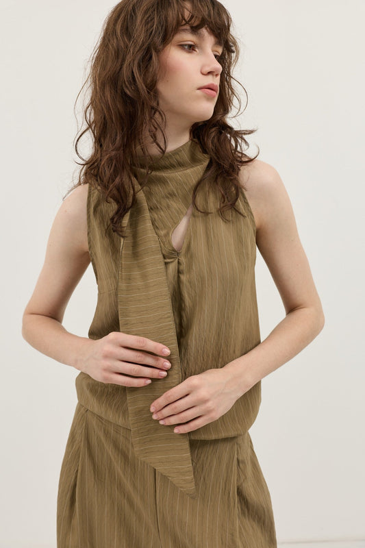 Cream-Colored Shawl-Collar Striped Women's Set