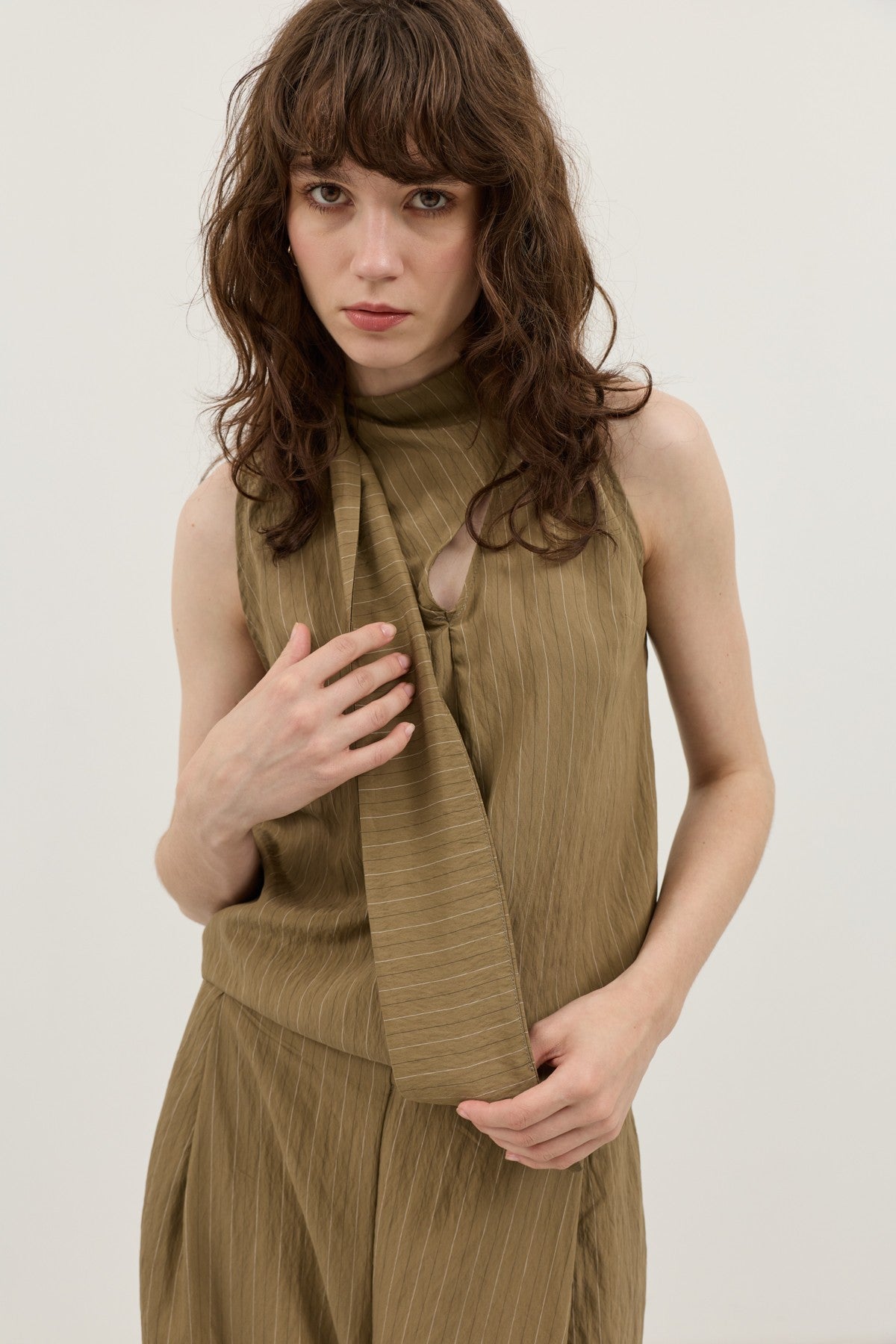 Cream-Colored Shawl-Collar Striped Women's Set